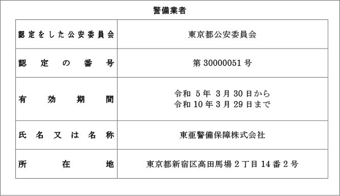 警備業者認定証